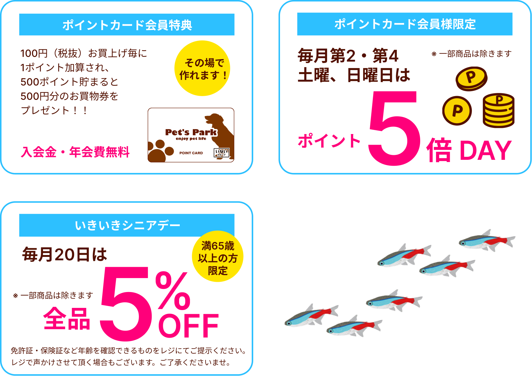 ポイントカード特典：100円お買上げ毎に1ポイント加算され、500ポイント貯まると500円分のお買物券プレゼント、ポイント会員様限定：毎月第2,第4の土日はポイント５倍！、いきいきシニアデー：満65歳以上の方限定！毎月20日は全品5%OFF