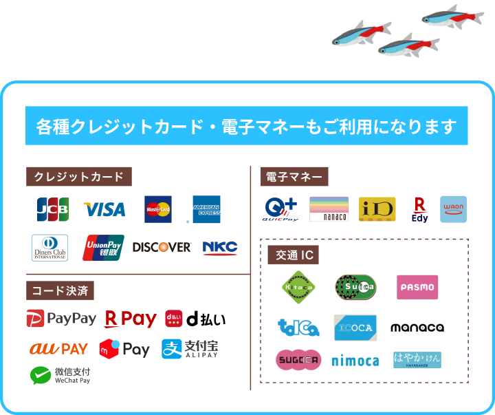 各種クレジットカード・電子マネーもご利用になります